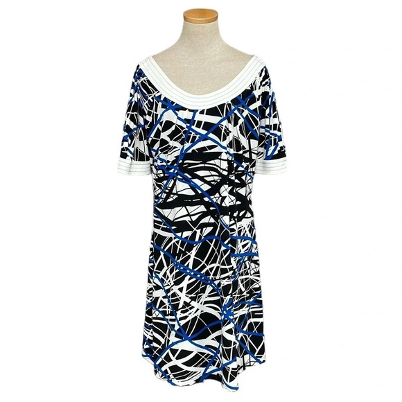 Anne Klein Dress Womens Large Blue Line Pattern Short Sleeve A-Line Midi - Picture 1 of 16